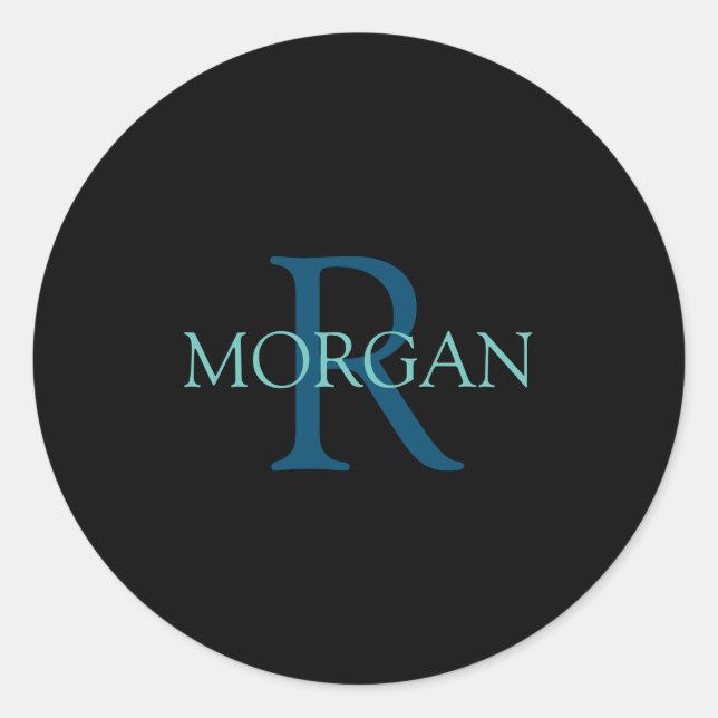 Monogram & Name, Blue & Teal Classic Round Sticker (Front)