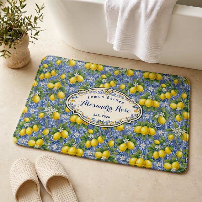 Monogram Name Blue Tile French Country Lemon Bath Mat (Creator Uploaded)