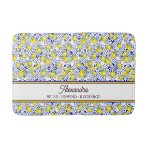 Monogram Name Blue Tile French Country Lemon Bath Mat