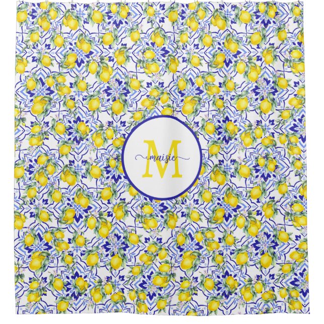 Monogram Name Blue Tile French Country Lemon Shower Curtain (Front)