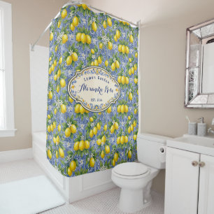 Monogram Name Blue Tile French Country Lemon Shower Curtain