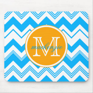 Monogram Name Blue White Chevron Pattern Mouse Mat