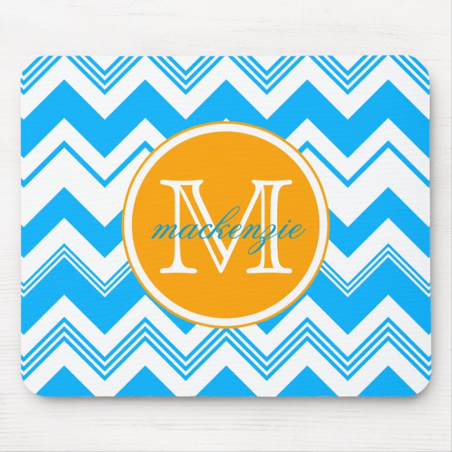 Monogram Name Blue White Chevron Pattern Mouse Mat (Front)
