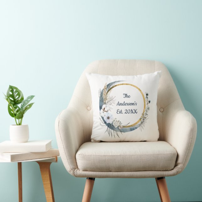 Monogram Name Blue White Gold Floral Elegant Cushion (Chair)