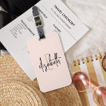 Monogram Name Blush Pink Minimalist Modern Luggage Tag<br><div class="desc">Make your travels stylish with our Monogram Luggage Tag. This elegant blush pink, black and gold tag features a white script font with your personalised name in the centre. Perfect for those frequent flyers and globetrotters, this monogram luggage tag makes a luxurious statement that stands out in a crowd. Take...</div>