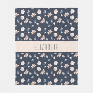 Monogram Name Blush Pink Navy Blue Floral Fleece Blanket