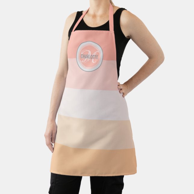 Monogram name blush pink striped modern apron (Insitu)