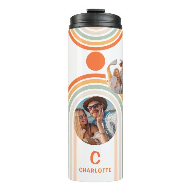 Monogram Name Boho Arch Multi Photo Trendy Girly Thermal Tumbler (Front)