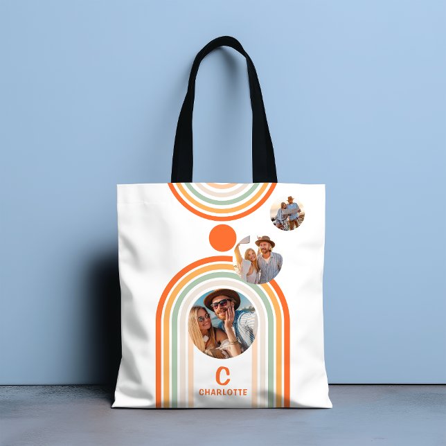 Monogram Name Boho Arch Multi Photo Trendy Girly Tote Bag (Creator Uploaded)