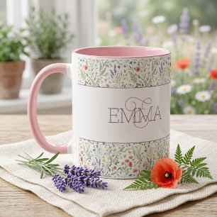 Monogram Name Boho Lavender Wildflower Pattern Mug