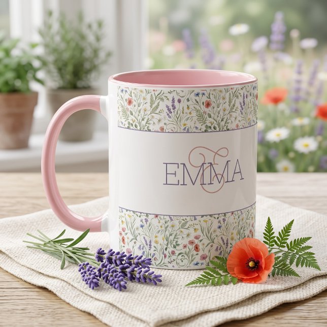 Monogram Name Boho Lavender Wildflower Pattern Mug (Creator Uploaded)