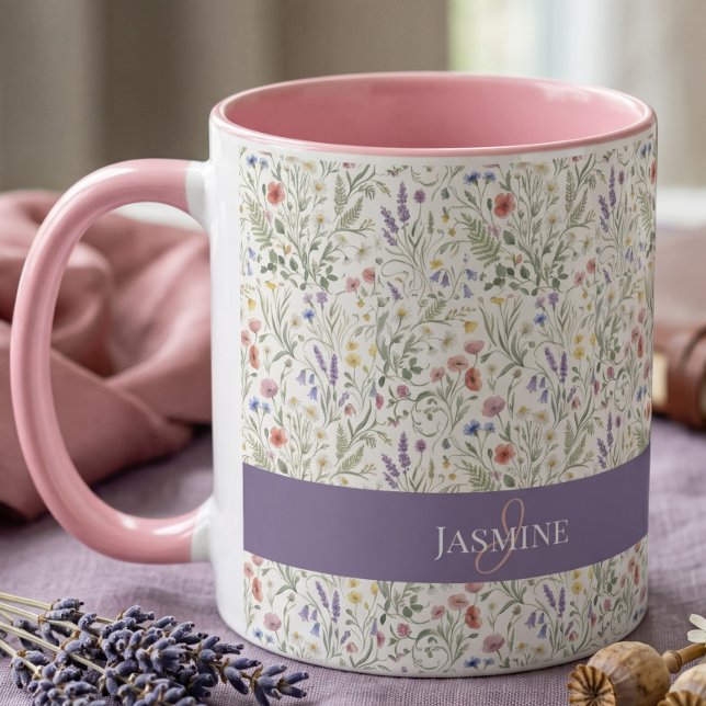 Monogram Name Boho Lavender Wildflower Pattern Mug (Creator Uploaded)