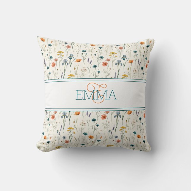 Monogram Name Boho Wildflower Pattern Orange Teal Cushion (Front)