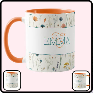 Monogram Name Boho Wildflower Pattern Orange Teal Mug