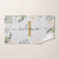 Monogram Name Botanical Palms Leaves Green Gold