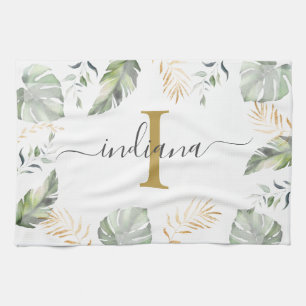 Monogram Name Botanical Palms Leaves Green Gold Tea Towel