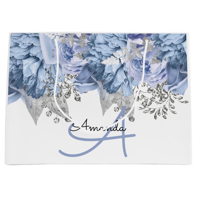 Monogram Name Bridal Favour Wedding Blue White Large Gift Bag (Front)