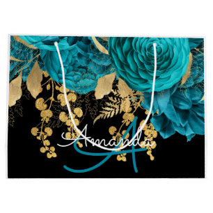 Monogram Name Bridal Favour Wedding Teal Roses Gol Large Gift Bag