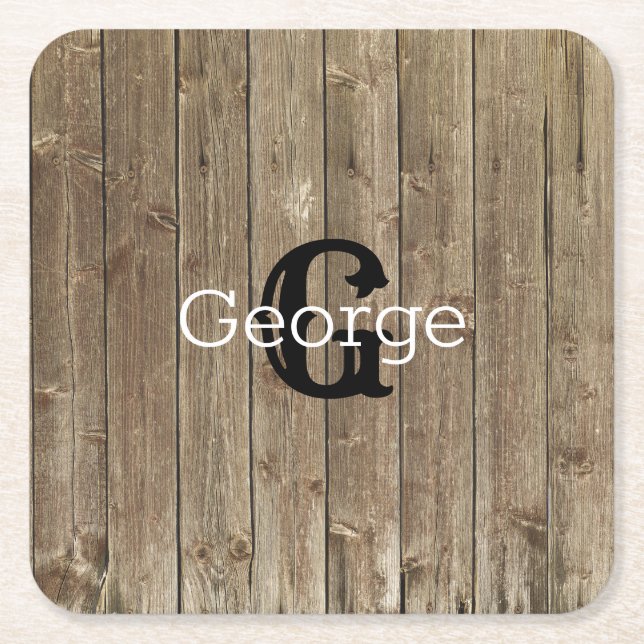 Monogram Name Brown Wood Personalised Square Paper Coaster (Front)