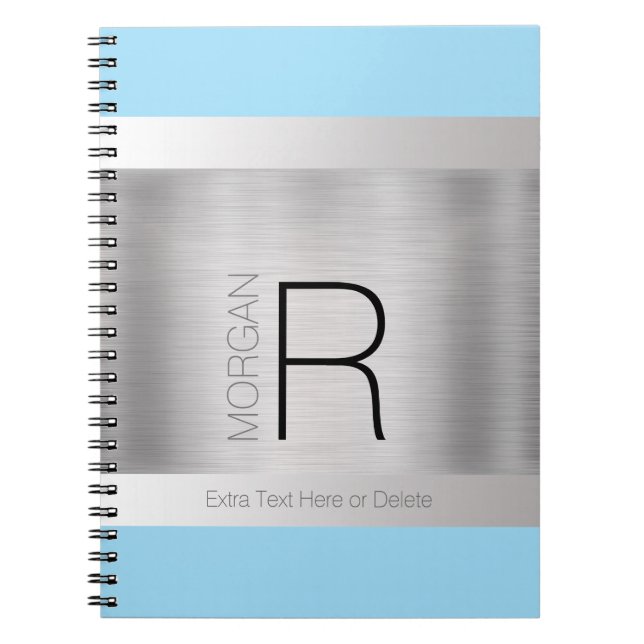Monogram & Name, Brushed Silver, Powder Blue Notebook (Front)