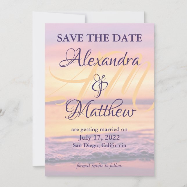 Monogram Name California Beach Sunset Wave Photo Save The Date (Front)