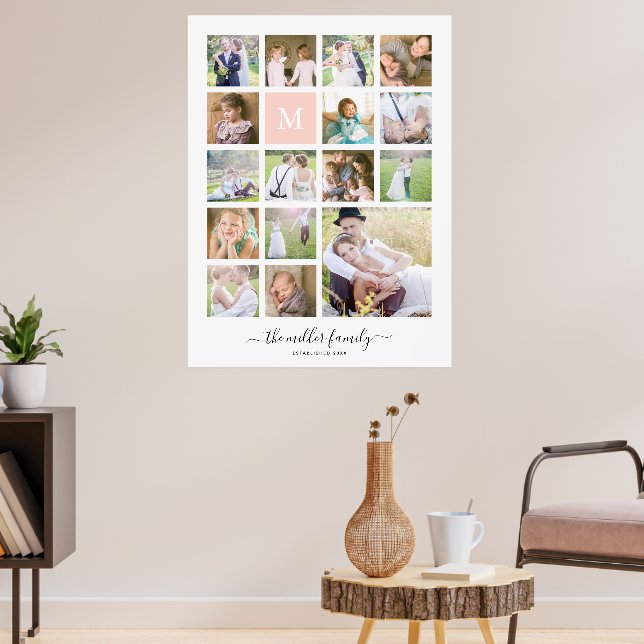 Monogram Name Calligraphy White 16 Photo Collage Poster (Living Room 3)