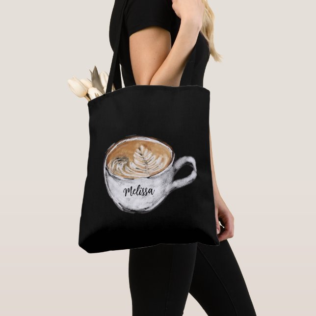 Monogram Name Cappuccino Black Tote Bag (Close Up)