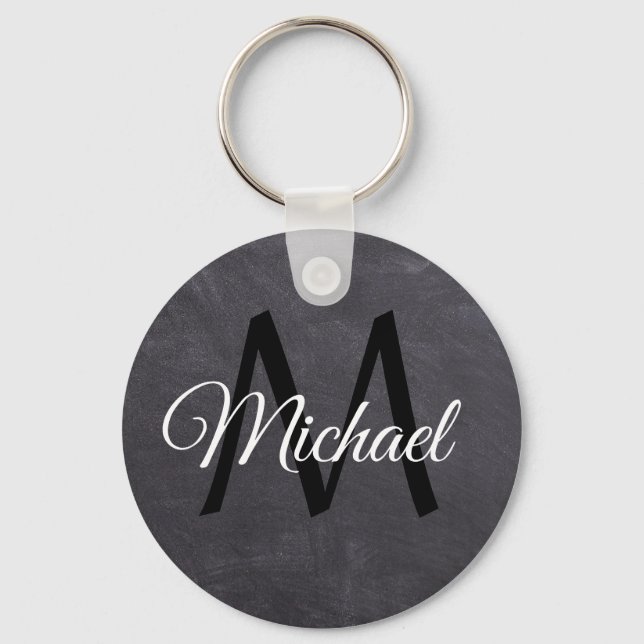 Monogram name, chalkboard, black and white text key ring (Front)