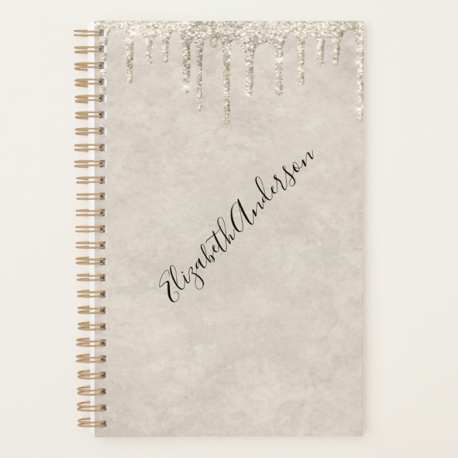 Monogram Name Champagne Dripping Glitter Trendy Planner (Front)