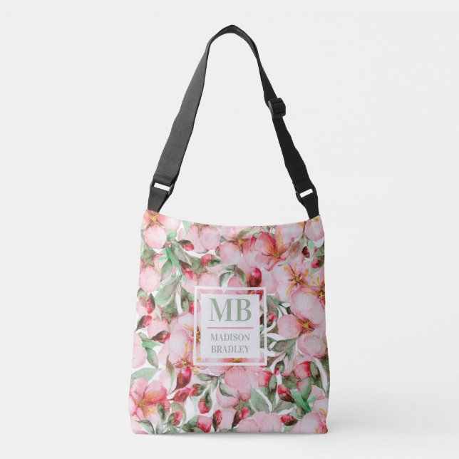 Monogram Name Cherry Blossom Watercolor Floral Crossbody Bag (Front)