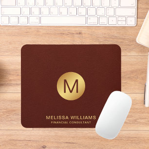 Monogram Name Chic Classy Faux Red Leather & Gold  Mouse Mat