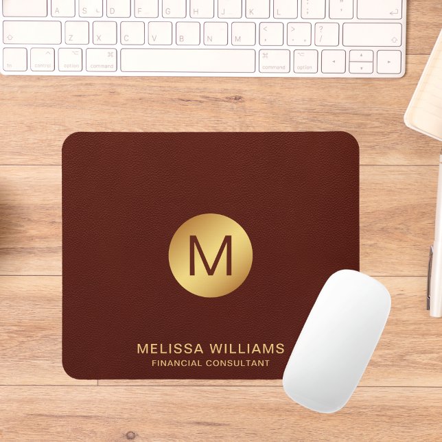 Monogram Name Chic Classy Faux Red Leather & Gold  Mouse Mat (Creator Uploaded)