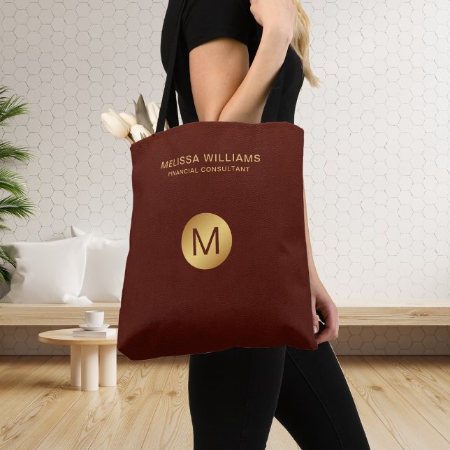 Monogram Name Chic Classy Faux Red Leather & Gold  Tote Bag (Creator Uploaded)