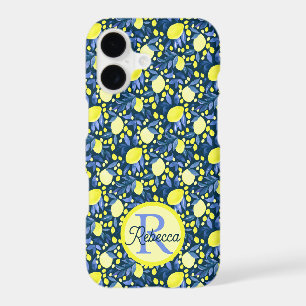 Monogram Name Chic Mediterranean Lemon Blue Leaf