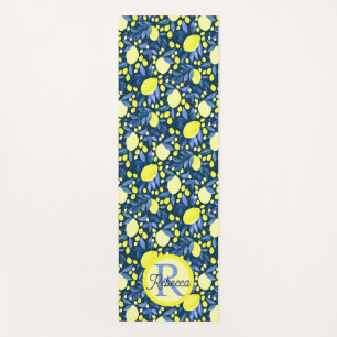 Monogram Name Chic Mediterranean Lemon Blue Leaf Yoga Mat