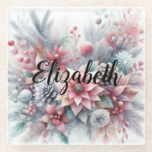 Monogram name Christmas floral pastel watercolor Glass Coaster