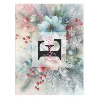 Monogram name Christmas floral pastel watercolor  Tablecloth