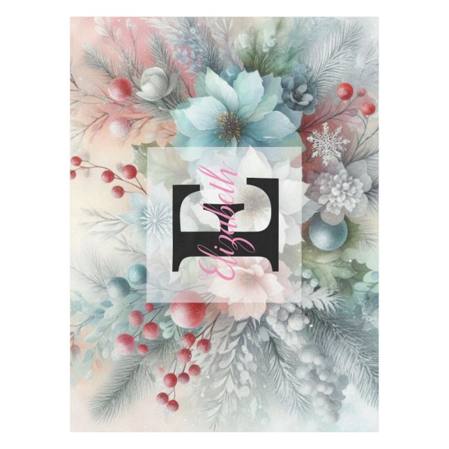 Monogram name Christmas floral pastel watercolor  Tablecloth (Front)