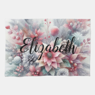 Monogram name Christmas floral pastel watercolor Tea Towel