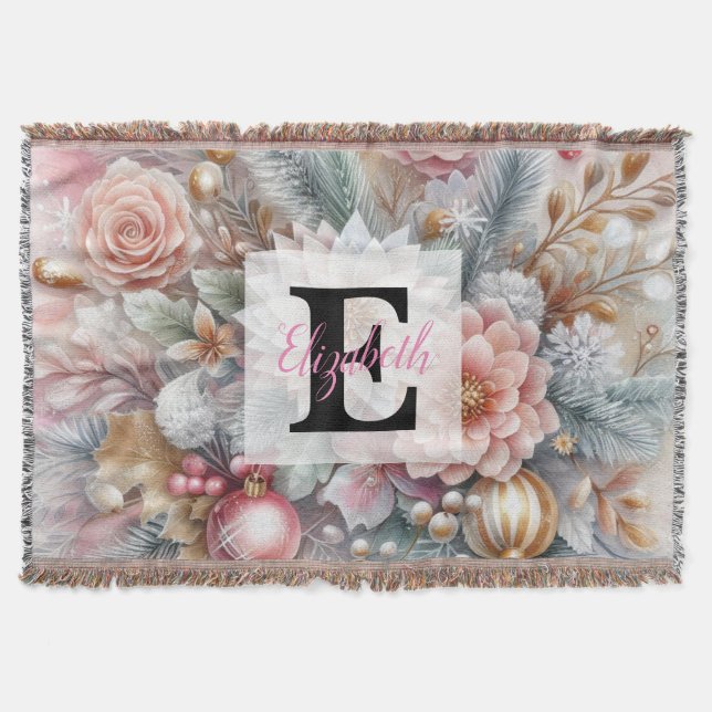Monogram name Christmas floral pastel watercolor  Throw Blanket (Front)