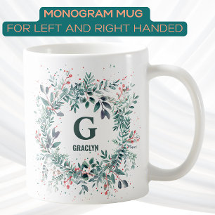 Monogram  Name Christmas Greenery   Coffee Mug