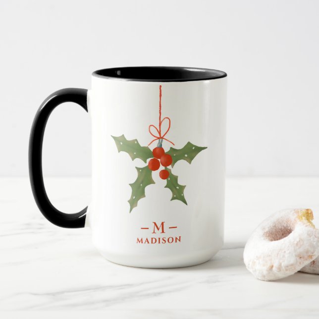 Monogram Name Christmas Holly Winter Floral Mug (With Donut)