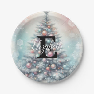 Monogram name Christmas tree floral watercolor Paper Plate