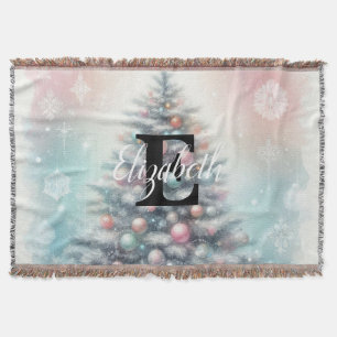 Monogram name Christmas tree floral watercolor Throw Blanket