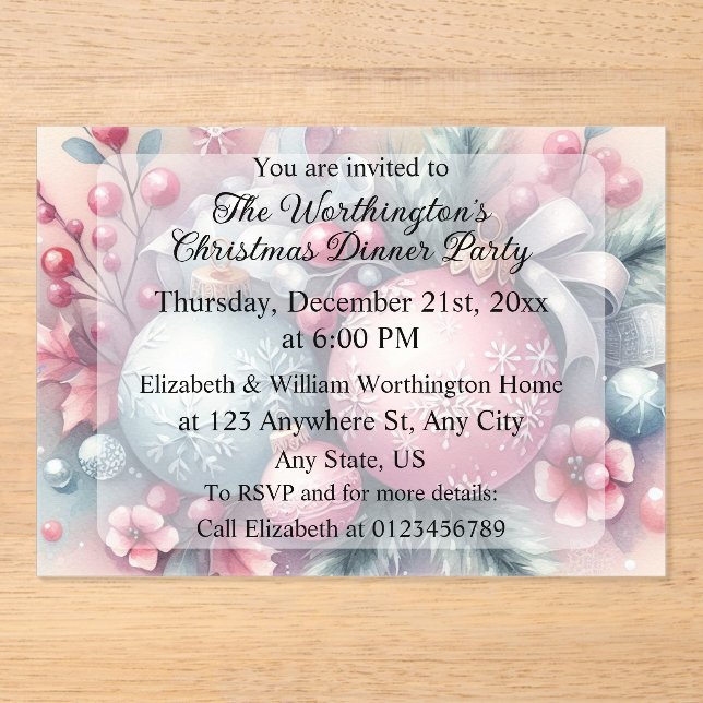 Monogram name Christmas tree ornaments watercolor  Acrylic Invitations (Front)