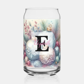 Monogram name Christmas tree ornaments watercolor  Can Glass