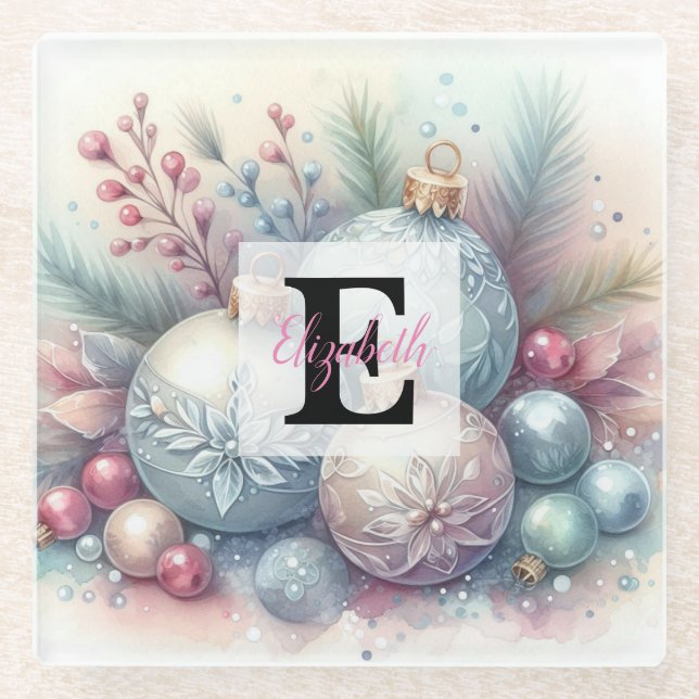 Monogram name Christmas tree ornaments watercolor  Glass Coaster (Front)