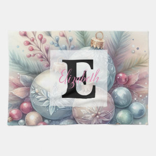 Monogram name Christmas tree ornaments watercolor Tea Towel