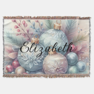 Monogram name Christmas tree ornaments watercolor  Throw Blanket