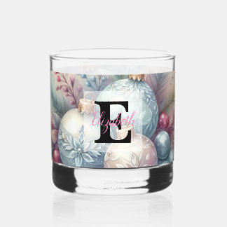 Monogram name Christmas tree ornaments watercolor  Whiskey Glass